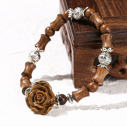 Bracelet de guérison camélia en bois de santal et bambou avec pierres de Bouddha