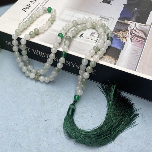 Bracelet porte-bonheur en jade Tianshan naturel avec 108 perles Mala et pompon Bouddha Stones 