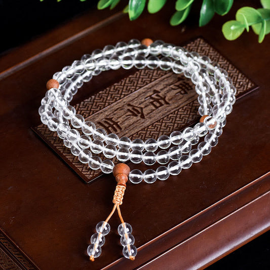 Bracelet de guérison en bois de santal et pierre naturelle avec 108 perles Mala en cristal blanc 