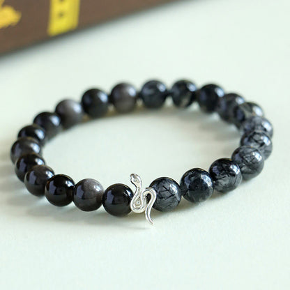 Bracelet en argent sterling 925 avec pierre de soleil naturelle Super Seven, cristal argenté brillant, obsidienne, quartz rutile, année du serpent 