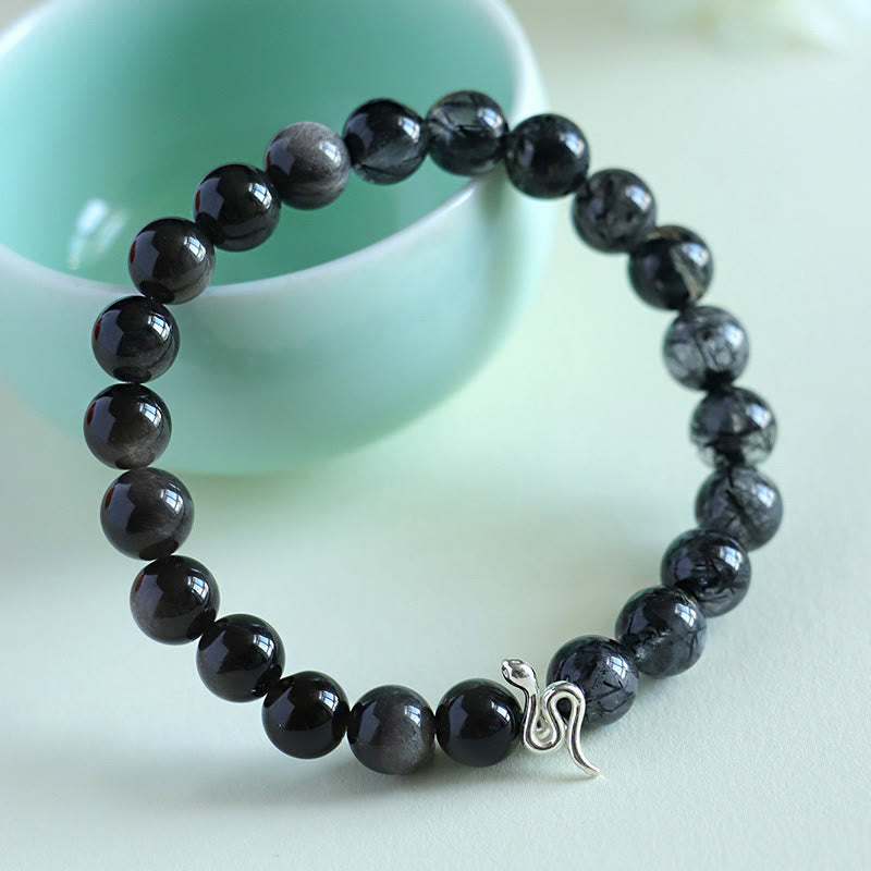 Bracelet en argent sterling 925 avec pierre de soleil naturelle Super Seven, cristal argenté brillant, obsidienne, quartz rutile, année du serpent 