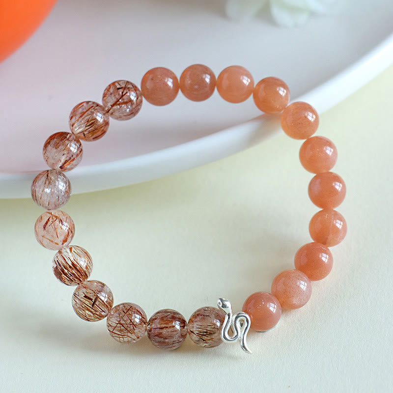 Bracelet en argent sterling 925 avec pierre de soleil naturelle Super Seven, cristal argenté brillant, obsidienne, quartz rutile, année du serpent 