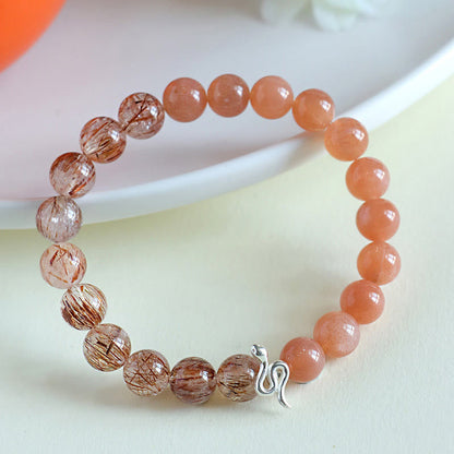 Bracelet en argent sterling 925 avec pierre de soleil naturelle Super Seven, cristal argenté brillant, obsidienne, quartz rutile, année du serpent 