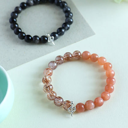 Bracelet en argent sterling 925 avec pierre de soleil naturelle Super Seven, cristal argenté brillant, obsidienne, quartz rutile, année du serpent 