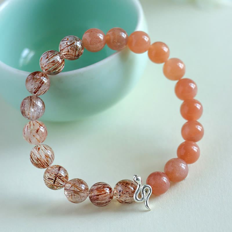 Bracelet en argent sterling 925 avec pierre de soleil naturelle Super Seven, cristal argenté brillant, obsidienne, quartz rutile, année du serpent 