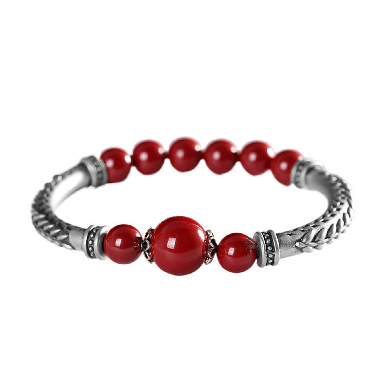 Bracelet jonc en argent sterling 999 avec pierres de Bouddha et épis de blé cinabre