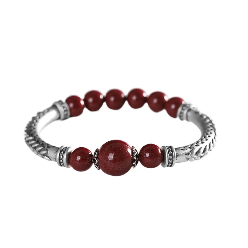 Bracelet jonc en argent sterling 999 avec pierres de Bouddha et épis de blé cinabre