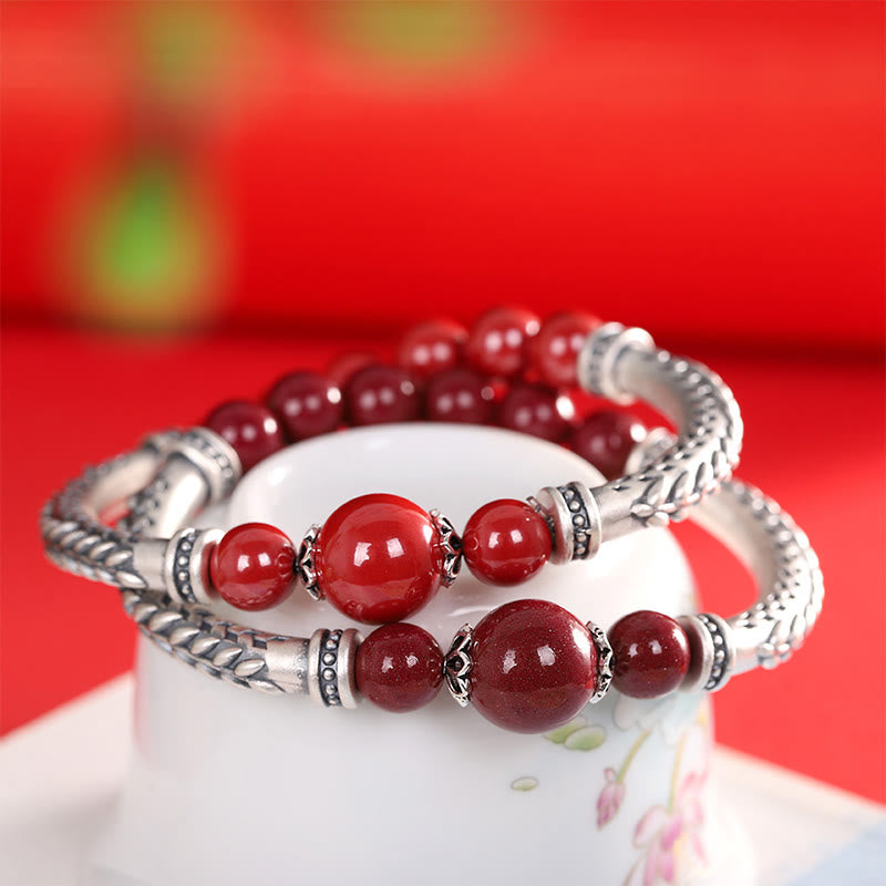 Bracelet jonc en argent sterling 999 avec pierres de Bouddha et épis de blé cinabre