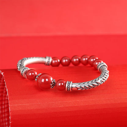 Bracelet jonc en argent sterling 999 avec pierres de Bouddha et épis de blé cinabre