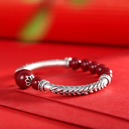 Bracelet jonc en argent sterling 999 avec pierres de Bouddha et épis de blé cinabre
