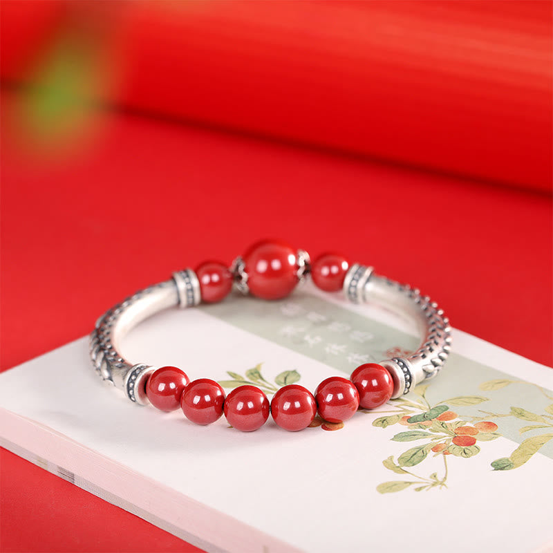 Bracelet jonc en argent sterling 999 avec pierres de Bouddha et épis de blé cinabre
