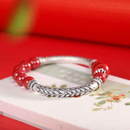 Bracelet jonc en argent sterling 999 avec pierres de Bouddha et épis de blé cinabre