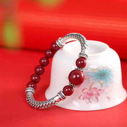 Bracelet jonc en argent sterling 999 avec pierres de Bouddha et épis de blé cinabre