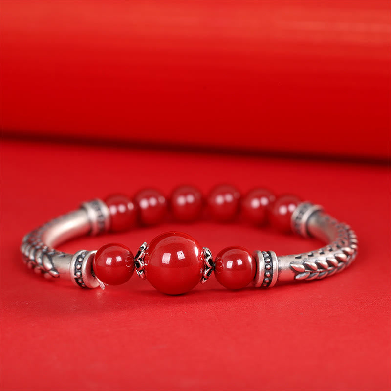 Bracelet jonc en argent sterling 999 avec pierres de Bouddha et épis de blé cinabre
