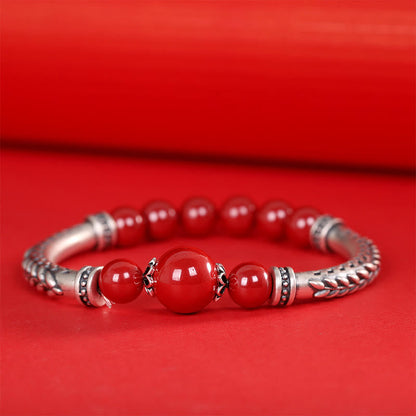 Bracelet jonc en argent sterling 999 avec pierres de Bouddha et épis de blé cinabre