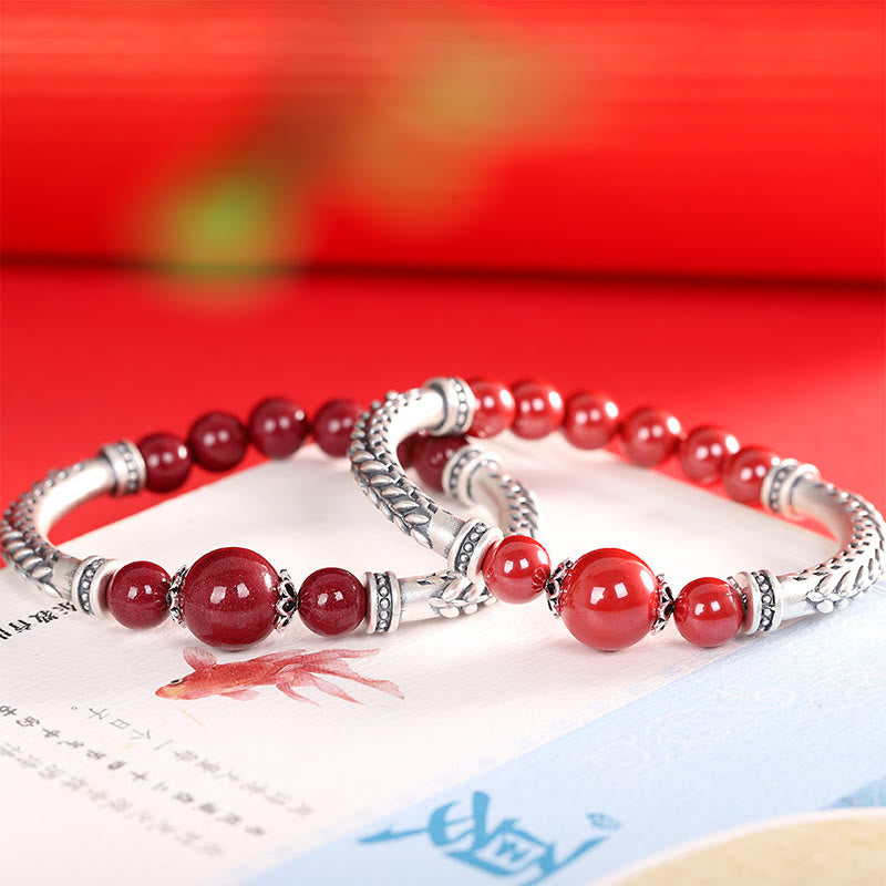 Bracelet jonc en argent sterling 999 avec pierres de Bouddha et épis de blé cinabre