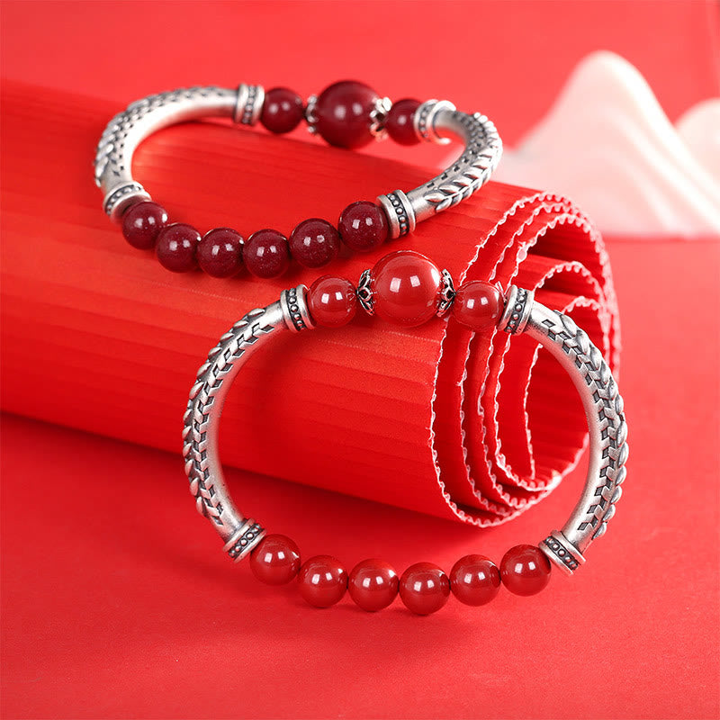 Bracelet jonc en argent sterling 999 avec pierres de Bouddha et épis de blé cinabre