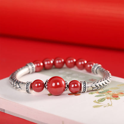 Bracelet jonc en argent sterling 999 avec pierres de Bouddha et épis de blé cinabre