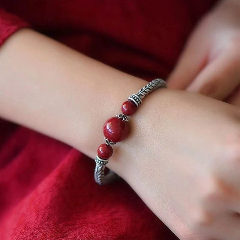 Bracelet jonc en argent sterling 999 avec pierres de Bouddha et épis de blé cinabre