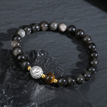 Bracelet de purification en obsidienne noire, argent sterling 999, œil de tigre et poisson koï en argent sterling 925 