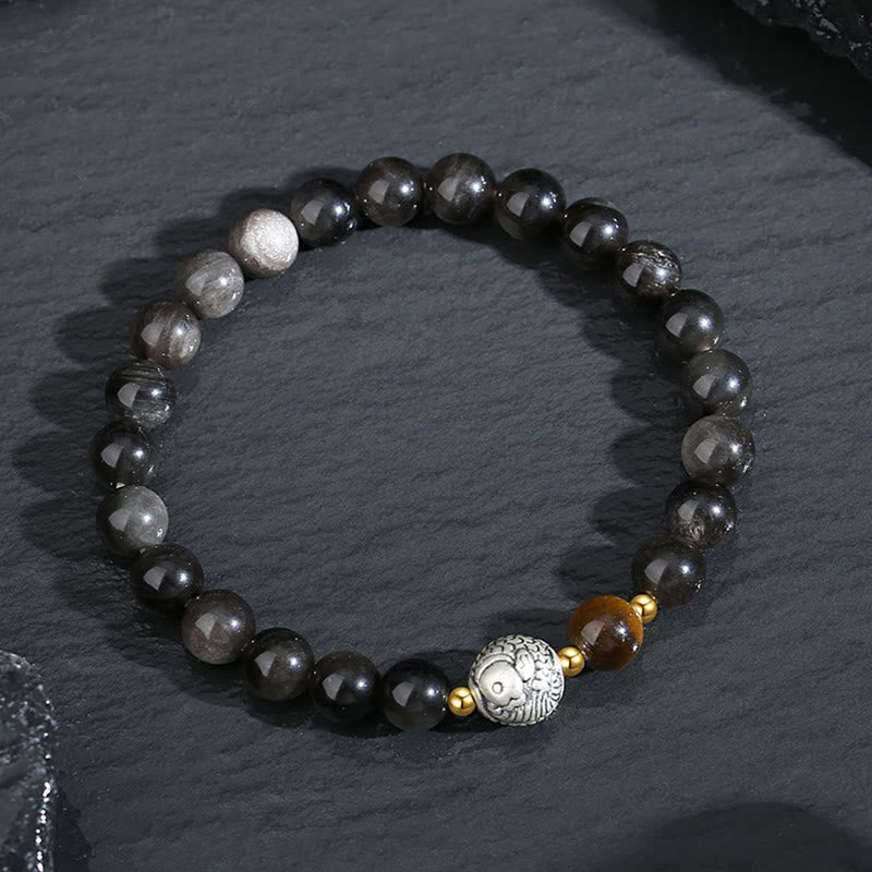 Bracelet de purification en obsidienne noire, argent sterling 999, œil de tigre et poisson koï en argent sterling 925 