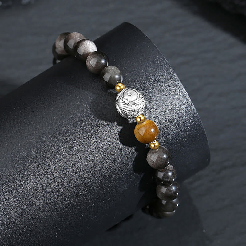 Bracelet de purification en obsidienne noire, argent sterling 999, œil de tigre et poisson koï en argent sterling 925 