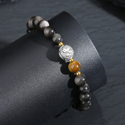 Bracelet de purification en obsidienne noire, argent sterling 999, œil de tigre et poisson koï en argent sterling 925 