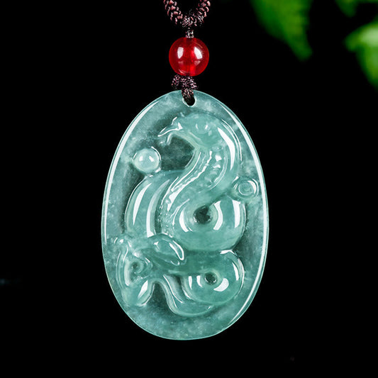 Collier pendentif porte-bonheur ovale en jade naturel de Bouddha Stones, Année du Serpent