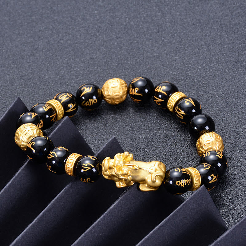 Buddha Stones Black Obsidian Black Onyx Alloy PiXiu Om Mani Padme Hum Strength Bracelet
