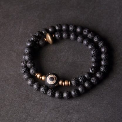 Bracelet de guérison à double tour en perles de cuivre et laiton, perles de lave vintage à trois yeux, pierres de Bouddha