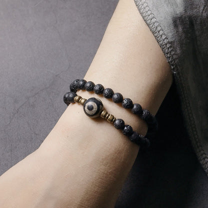 Bracelet de guérison à double tour en perles de cuivre et laiton, perles de lave vintage à trois yeux, pierres de Bouddha