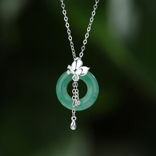 Buddha Stones 925 Sterling Silver Jade Butterfly Peace Buckle Prosperity Necklace Pendant