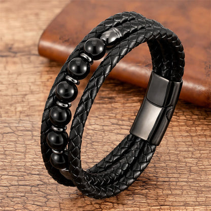 Buddha Stones Tigerauge Lavastein Hämatit Schwarzer Onyx Perlen Positives Lederarmband
