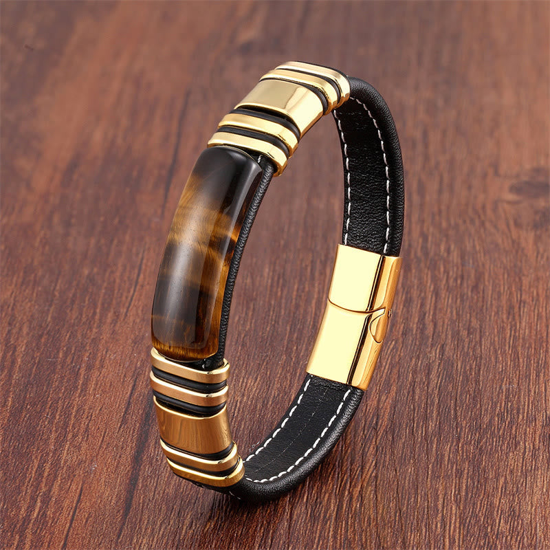Bracelet en cuir avec boucle en pierre œil de tigre et pierres de Bouddha