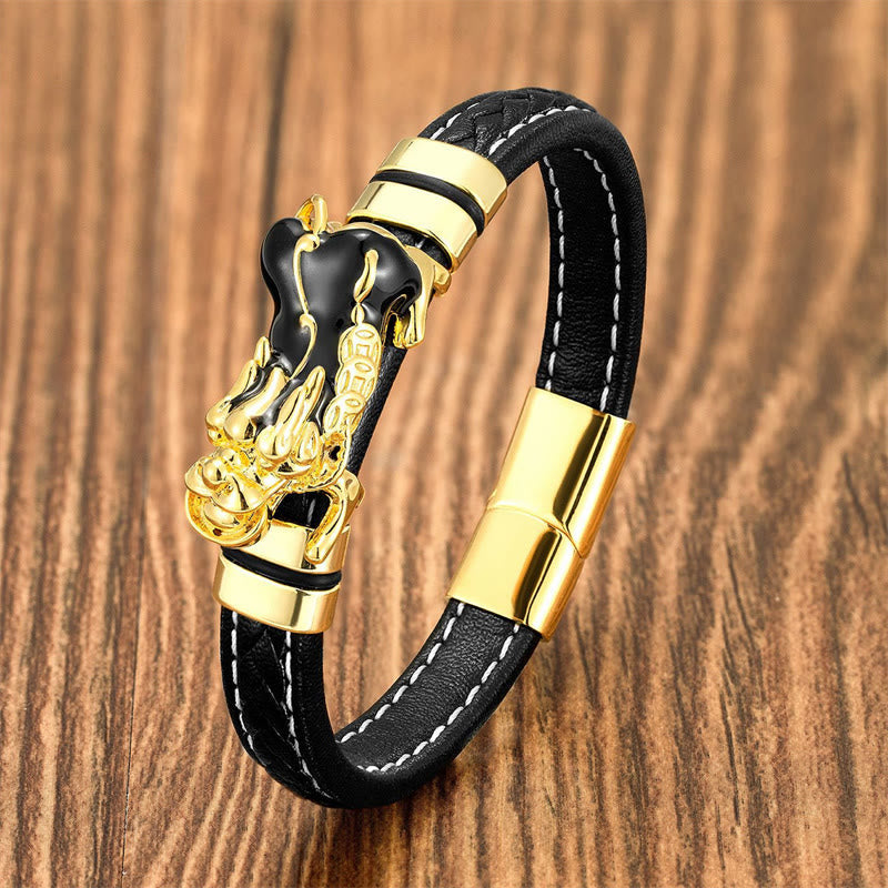 Bracelet en cuir avec boucle en lingot de cuivre et pierres de Bouddha PiXiu 