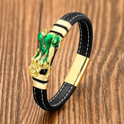 Bracelet en cuir avec boucle en lingot de cuivre et pierres de Bouddha PiXiu 