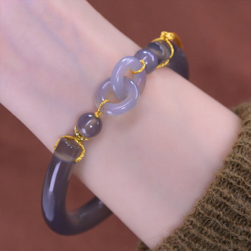 Buddha Stones Gray Agate Copper Hook Peace Cuff Half Bracelet Bangle