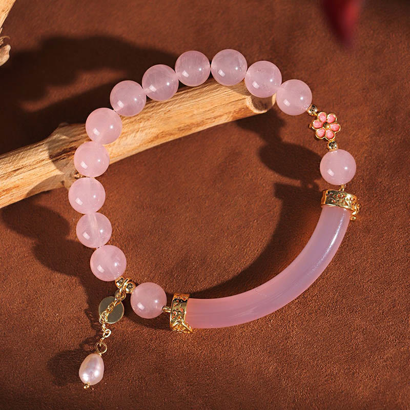 Bracelet manchette demi-jonc en perles de calcédoine bleue et cristal rose de Bouddha 