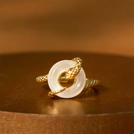 Bague d'harmonie en argent sterling 925 avec pierre de Bouddha et calcédoine, boucle de paix, année du serpent doré 