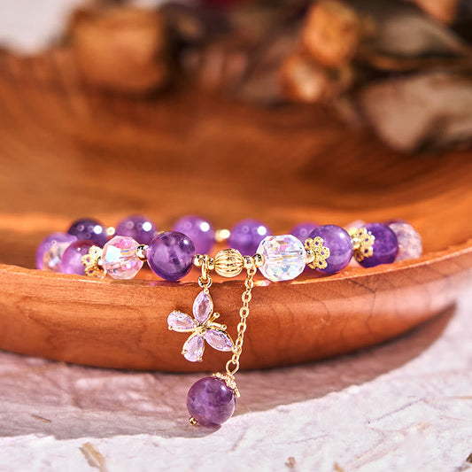 Buddha Stones Natural Amethyst Crystal Spiritual Butterfly Charm Bracelet