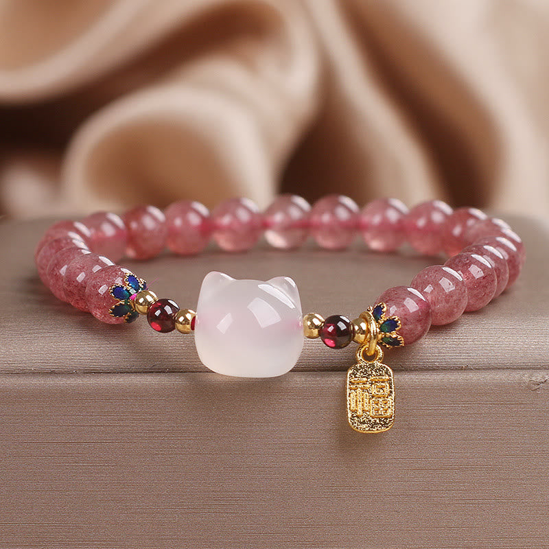 Buddha Stones Strawberry Quartz White Jade Cat Fu Character Healing Bracelet