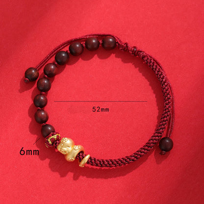 Buddha Stones Small Leaf Red Sandalwood Ebony Wood Beads 999 Year Of The Snake Cotton Rope Protection Braided Bracelet