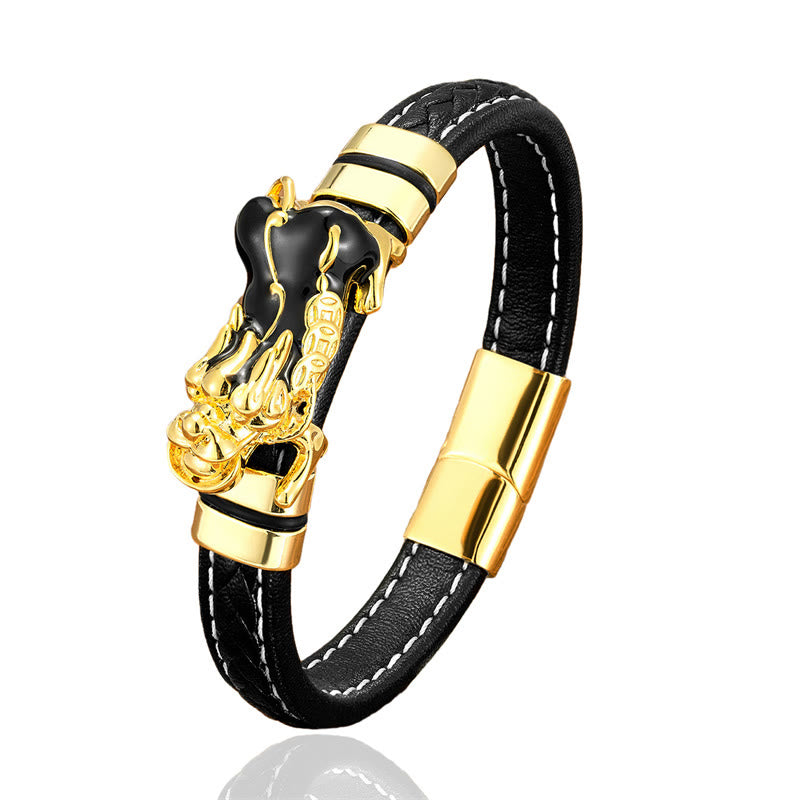 Bracelet en cuir avec boucle en lingot de cuivre et pierres de Bouddha PiXiu 