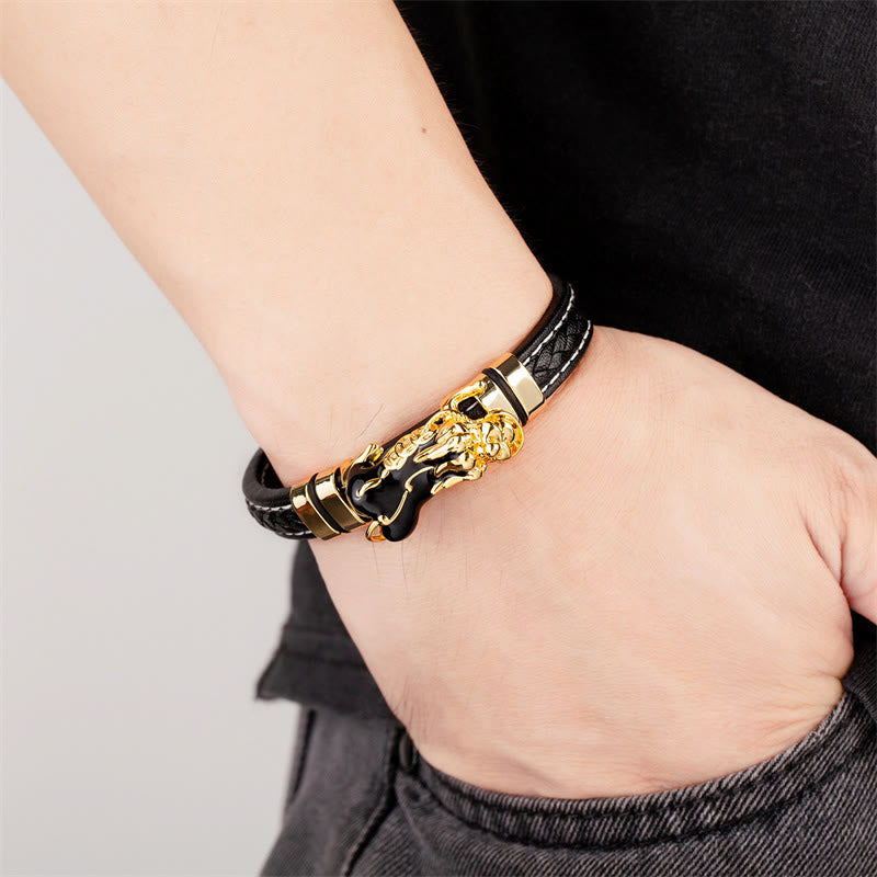 Bracelet en cuir avec boucle en lingot de cuivre et pierres de Bouddha PiXiu 