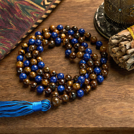Bracelet Mala de protection à pompon en pierre naturelle œil de tigre et lazurite, 108 perles 