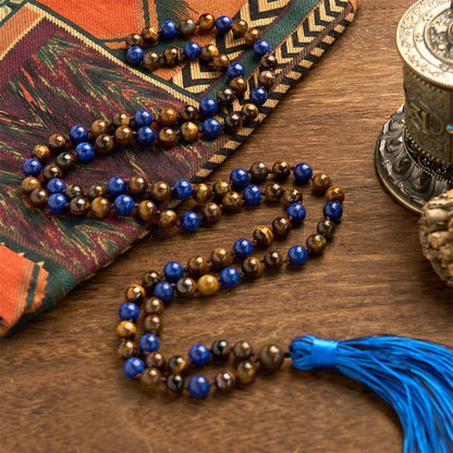 Bracelet Mala de protection à pompon en pierre naturelle œil de tigre et lazurite, 108 perles 