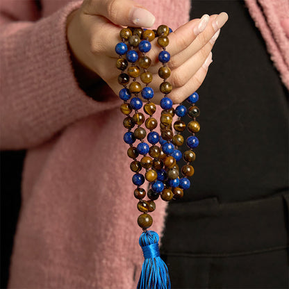 Bracelet Mala de protection à pompon en pierre naturelle œil de tigre et lazurite, 108 perles 