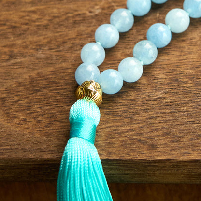 Buddha Stones 108 Mala Beads Natural Stone Aquamarine Tassel Lotus Healing Bracelet