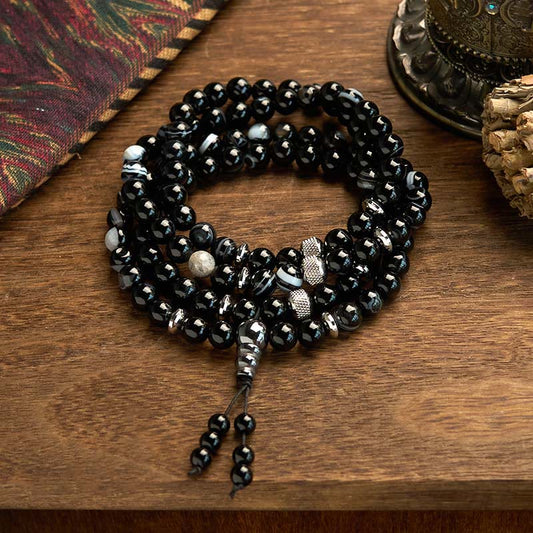 Bracelet de protection en onyx noir et pierre naturelle de Bouddha, 108 perles Mala 