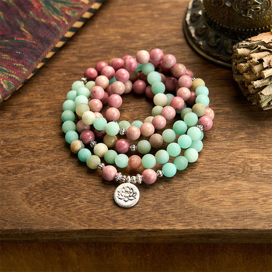 Bracelet de guérison Lotus en rhodonite et amazonite, 108 perles Mala